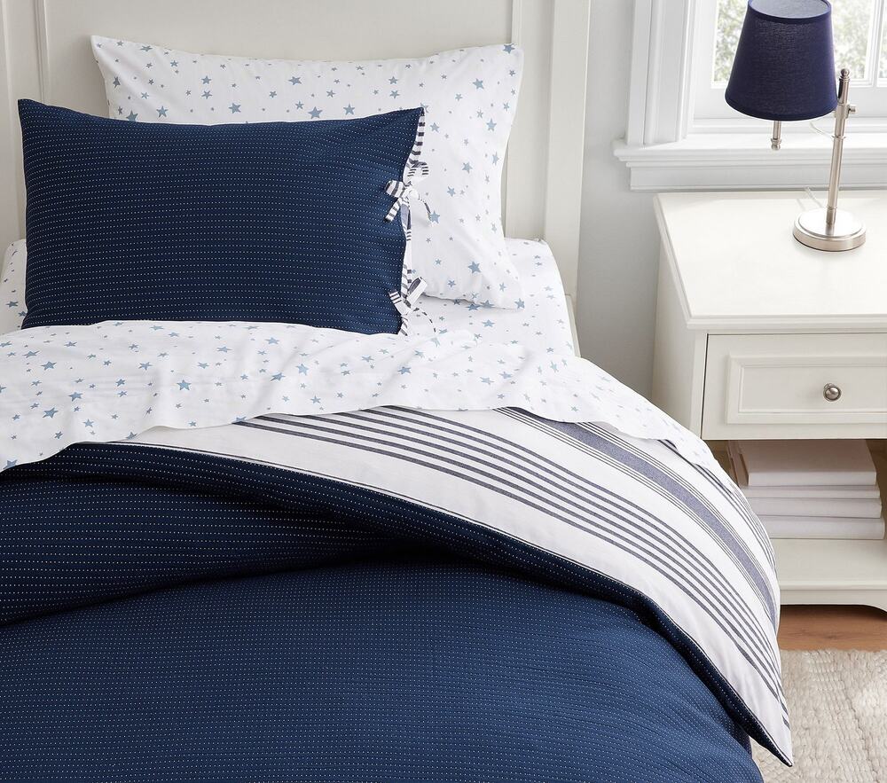 Pottery Barn Kids matelasse duvet cover navy blue white striped twin bedding